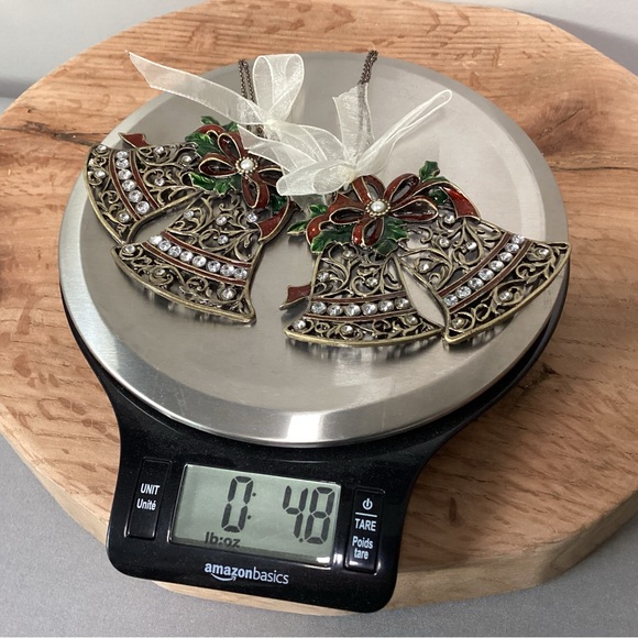 🟢 Beautiful pair of Pewter Crafted Christmas Bells w/ Holly Leaves & Jewels - Picture 12 of 12